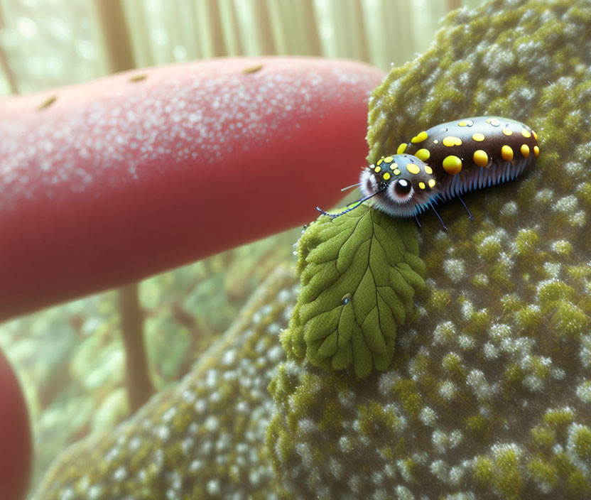 Spotted colorful caterpillar on textured green leaf