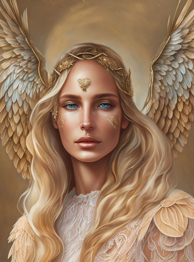 Portrait of Woman with Angelic Wings Ears and Golden Headpiece