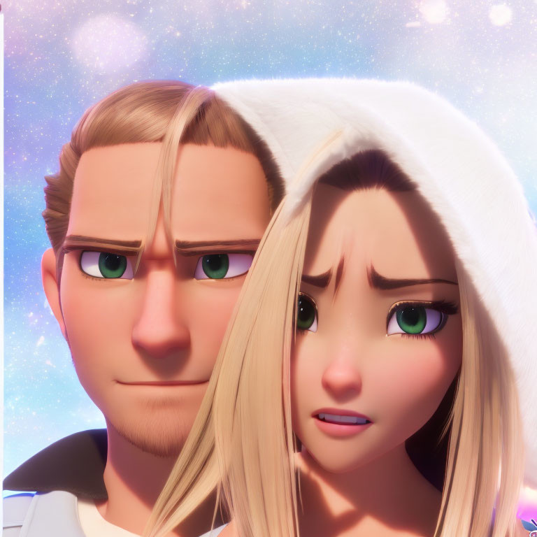 Male and female animated characters with green eyes, one blond, one with long lashes, in white hats