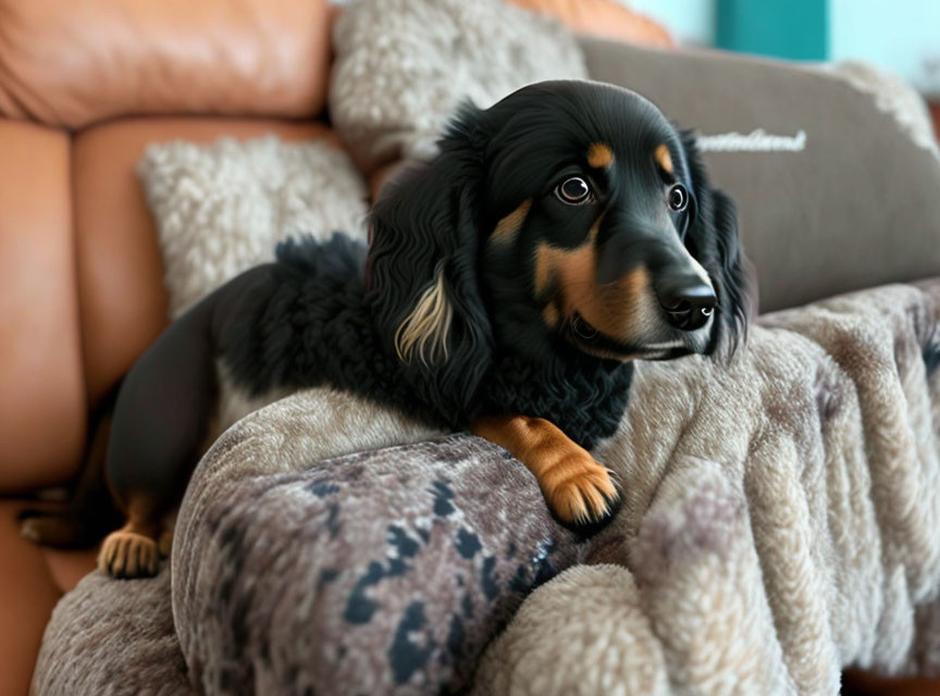 Black and Tan Dachshund Resting on Plush Blanket on Leather Sofa