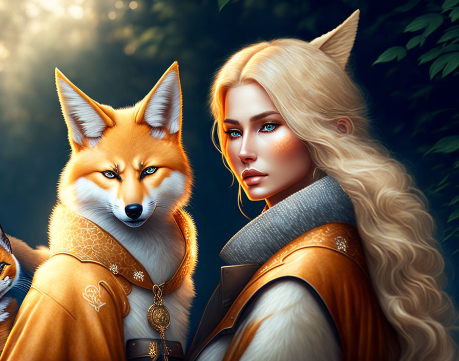 Digital artwork: Woman with fox-like features and realistic fox in mystical forest