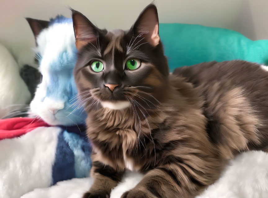 Fluffy brown cat with green eyes among colorful plush toys