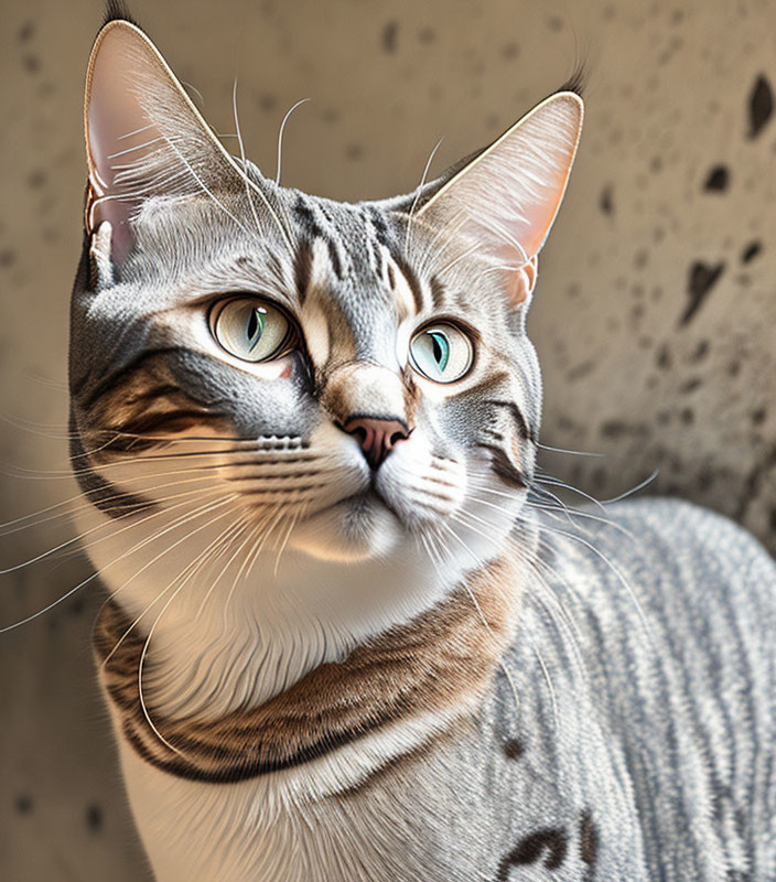 Tabby cat with turquoise eyes and unique coat pattern.