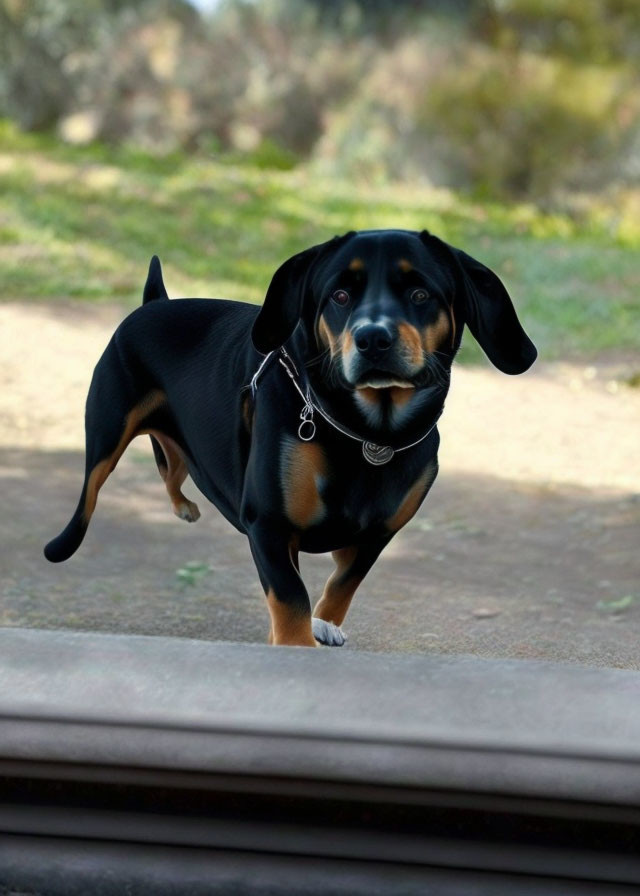 Black and Tan Dog with Shiny Collar on Path with Greenery