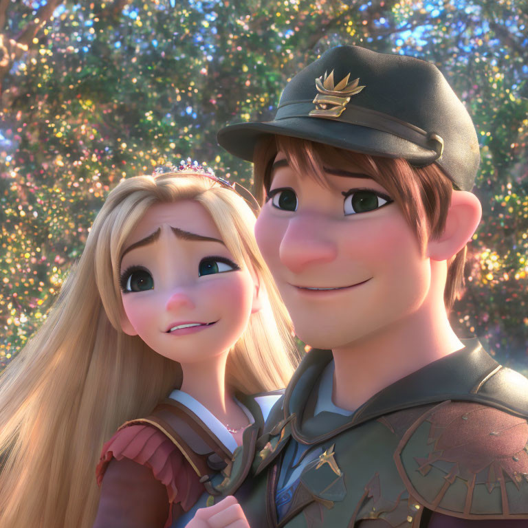 Blonde female and male in military uniform share happy moment