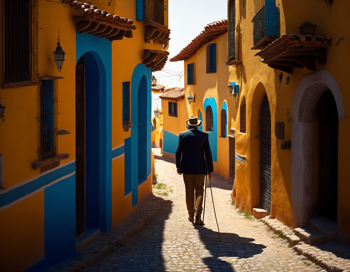 Person strolling through sunlit alley with vibrant blue and yellow walls in quaint town