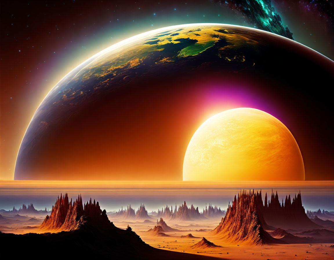 Alien terrain with celestial bodies in sci-fi landscape