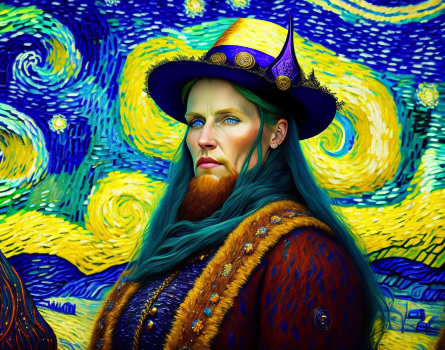 Blue-haired bearded person in wizard attire against starry night background, Van Gogh style