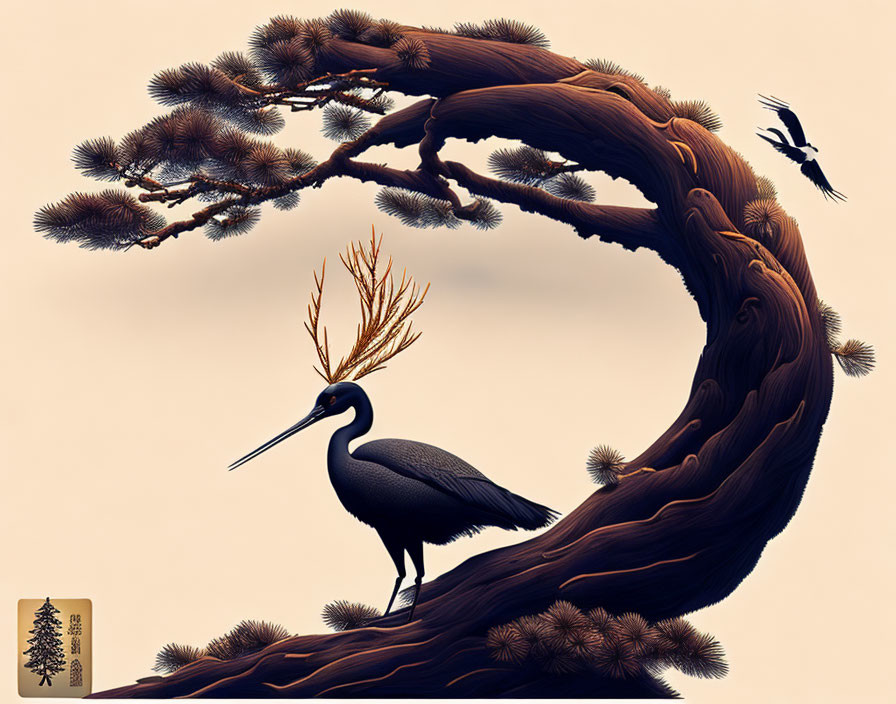 Stylized black crane with golden crown under pine tree and flying bird