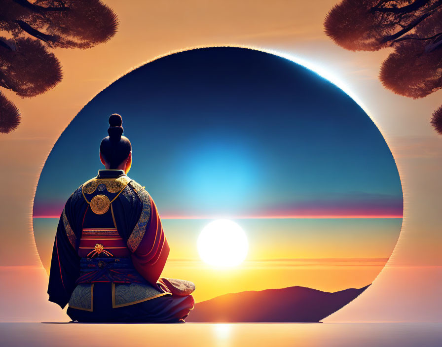 Japanese samurai in traditional armor meditates at sunset