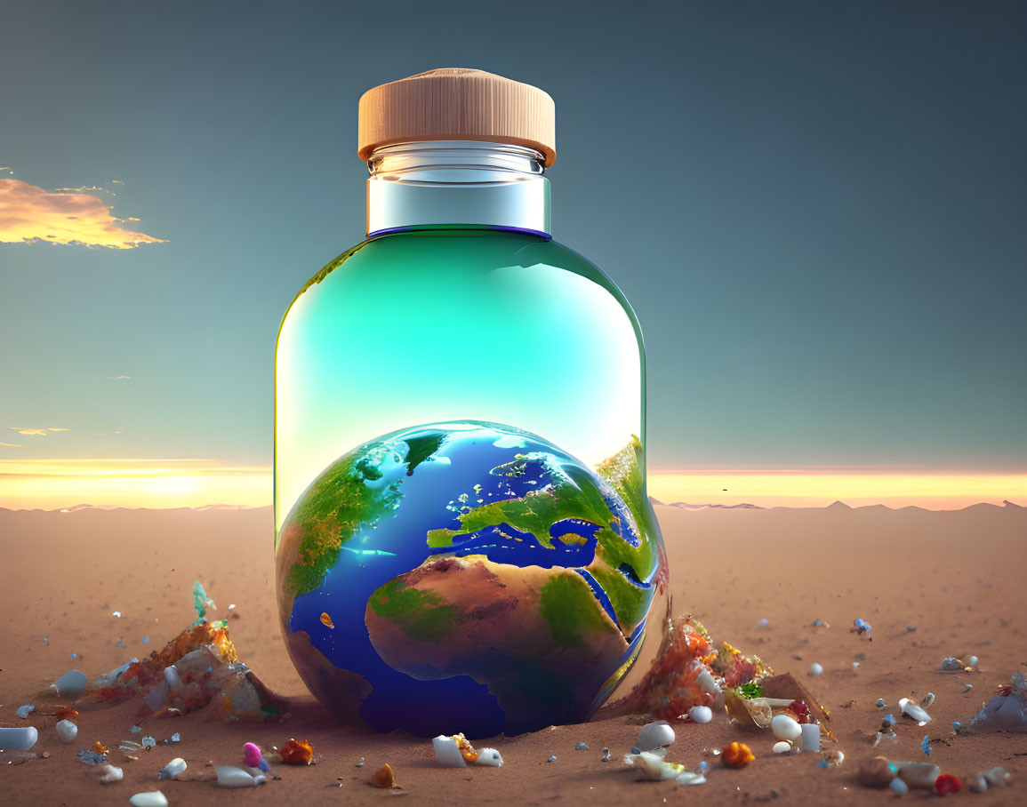 Conceptual image of Earth in transparent bottle amid microplastics on sandy terrain at twilight