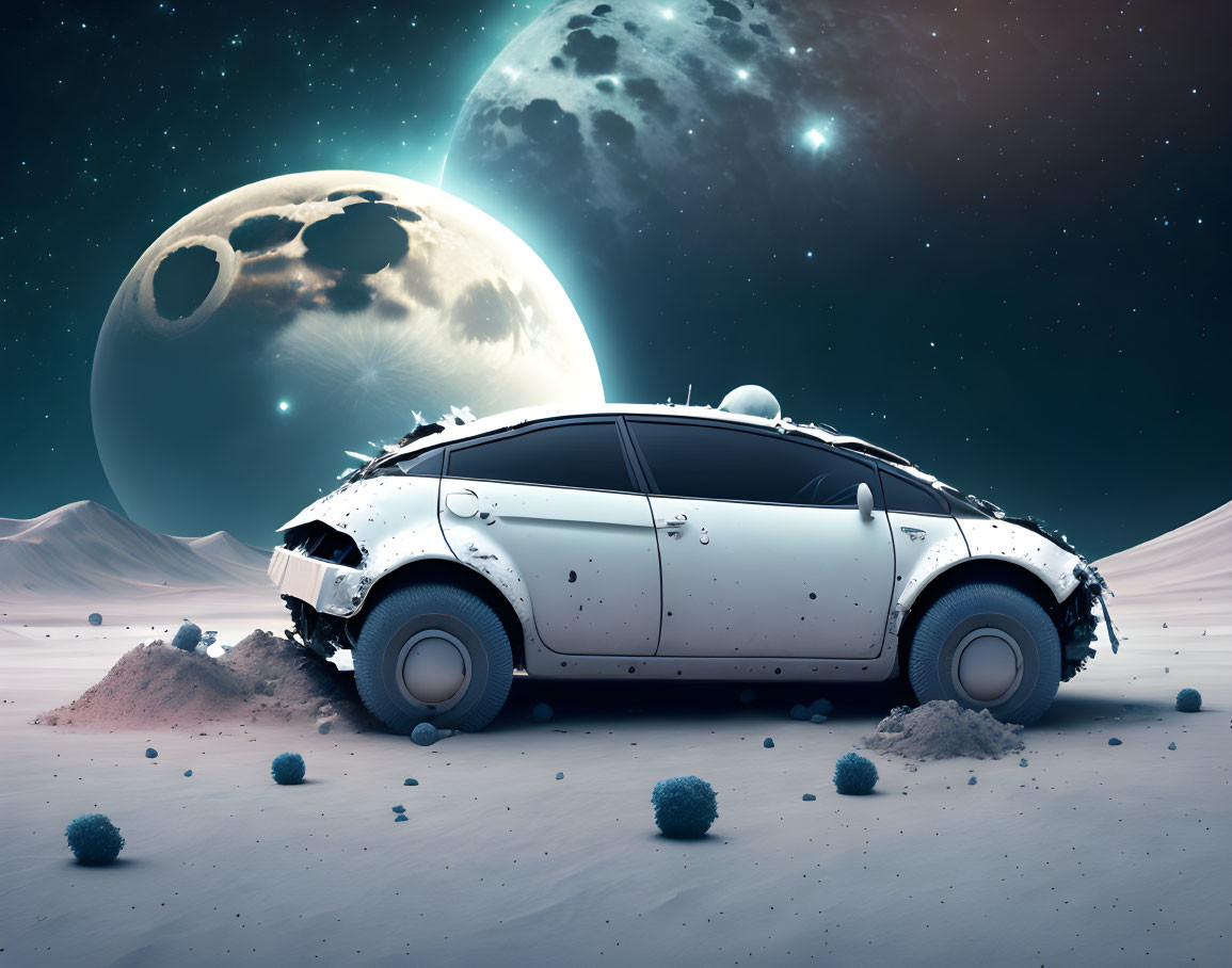 White Car Half-Buried in Sand on Lunar Surface with Celestial Bodies