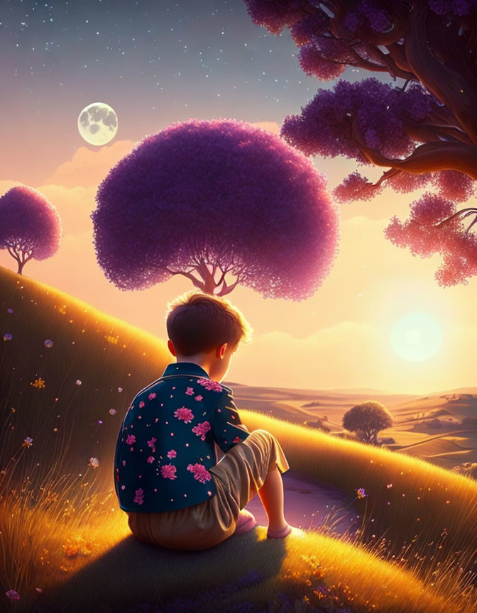 Child on grassy hill at dusk with purple trees, moon, and golden horizon