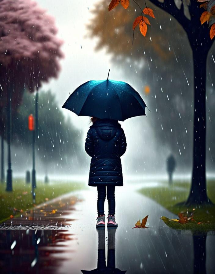 Child in Blue Coat with Umbrella on Rainy Path with Falling Leaves