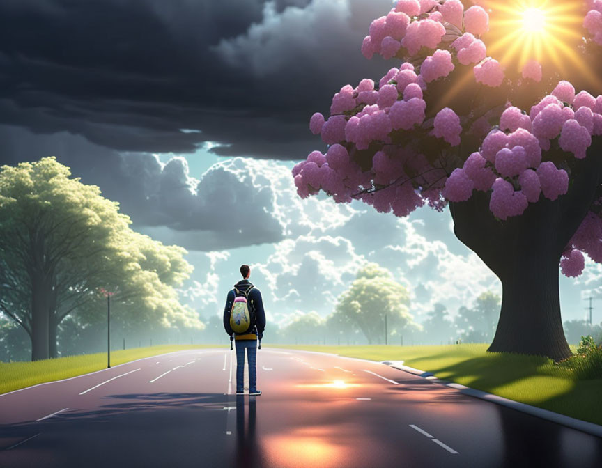 Person with backpack on empty road at sunrise with pink blossoming trees