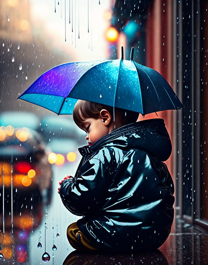 Child in black jacket under blue umbrella on rainy day with city lights.