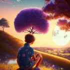 Child on grassy hill at dusk with purple trees, moon, and golden horizon