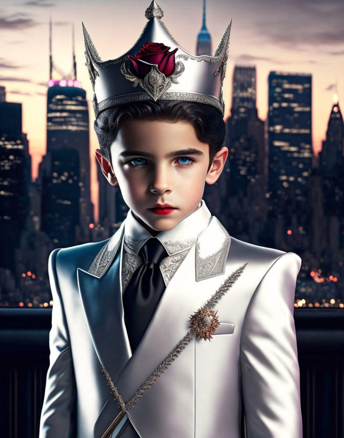 Young Boy in Crown and Formal Suit with Red Rose in Front of City Skyline at Dusk