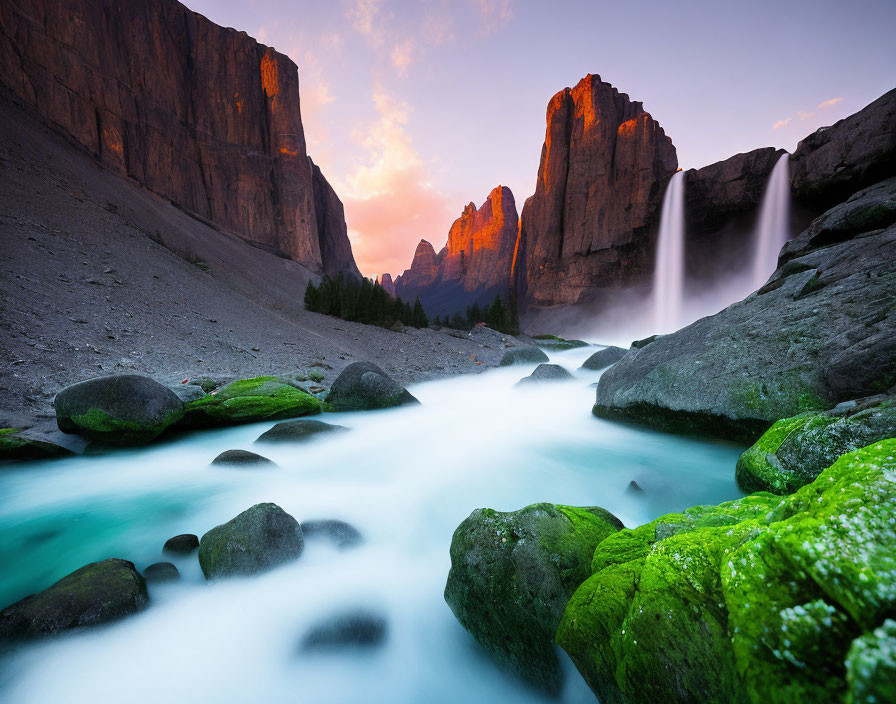 Tranquil waterfall scene at dusk between towering cliffs