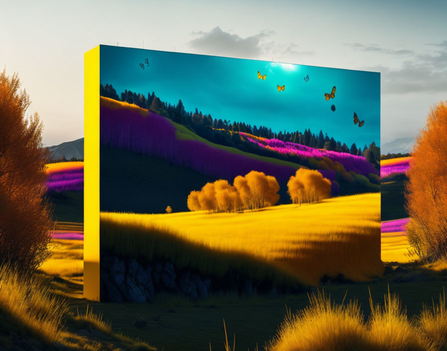 Vibrant surreal outdoor billboard: purple hills, yellow fields, butterflies