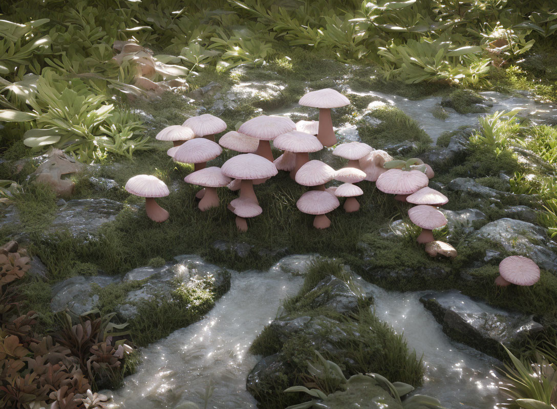 Realistic Pink Mushrooms Among Green Foliage and Mossy Stones