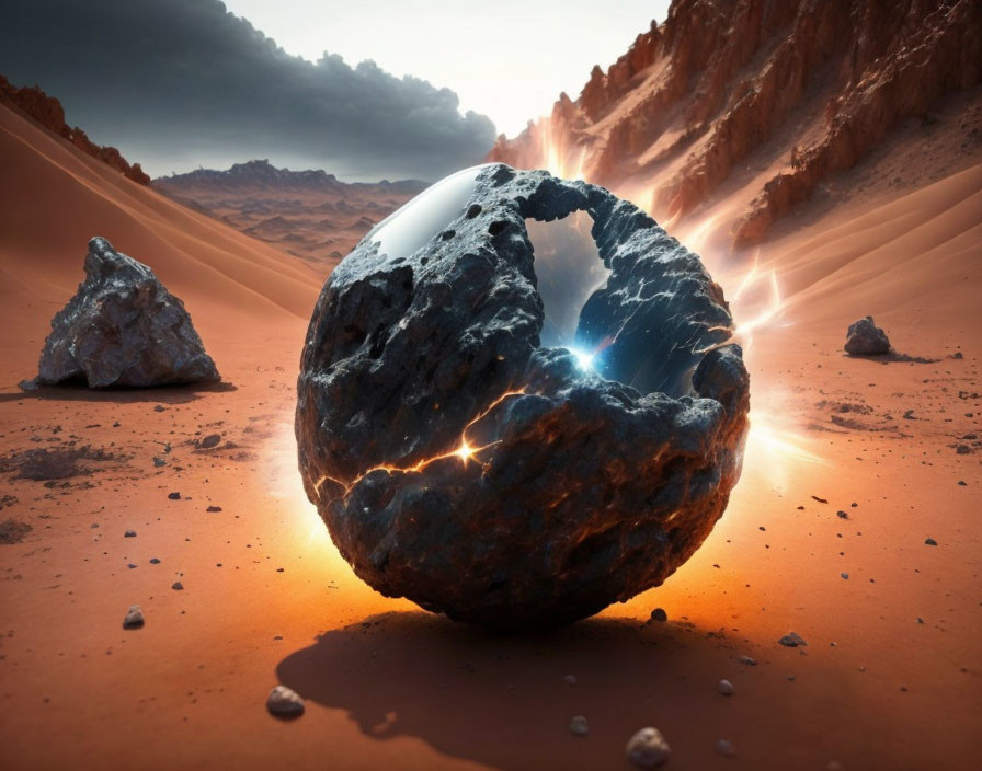 Shiny metallic sphere with glowing cracks in desert landscape at sunset