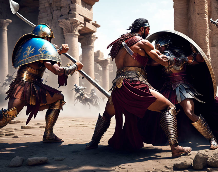 Warriors in Blue and Red Armor Battle Among Ancient Ruins