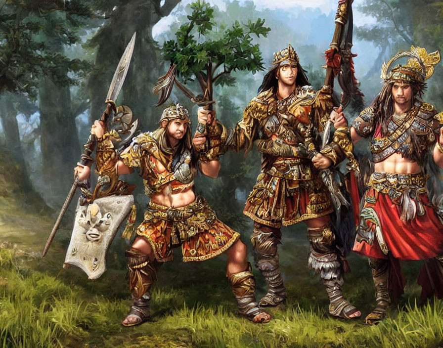 Three armored warriors in forest battle scene with shield, spear, and swords in historical attire.