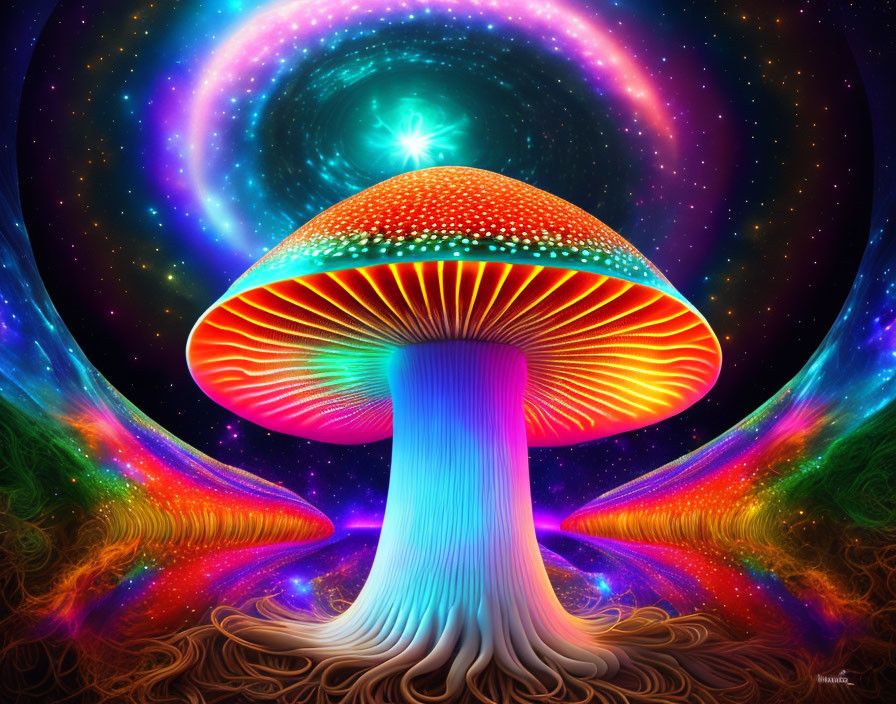 Colorful psychedelic mushroom in neon hues on cosmic backdrop