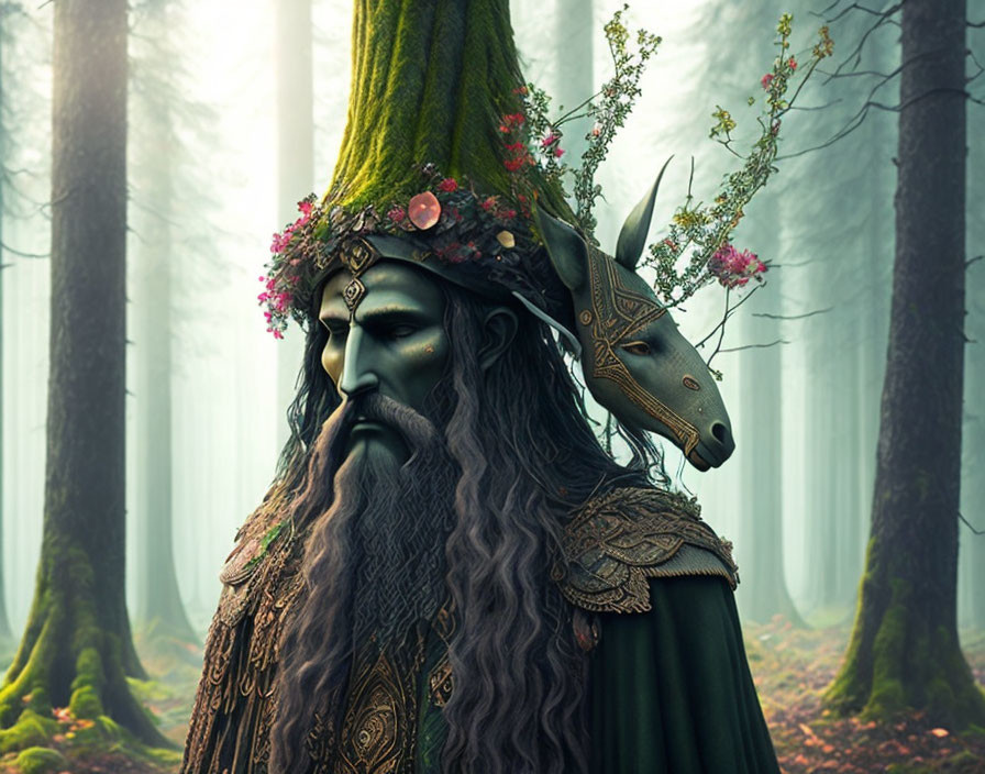 Mystical figure with long beard and crown in enchanted forest