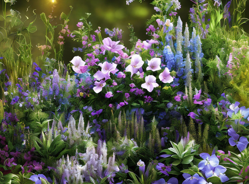 Vibrant purple petunias and blue salvia in lush garden scene