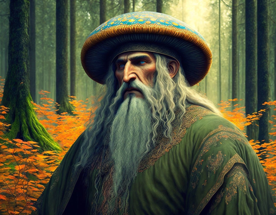 Illustration of wise old man with gray beard in autumn forest