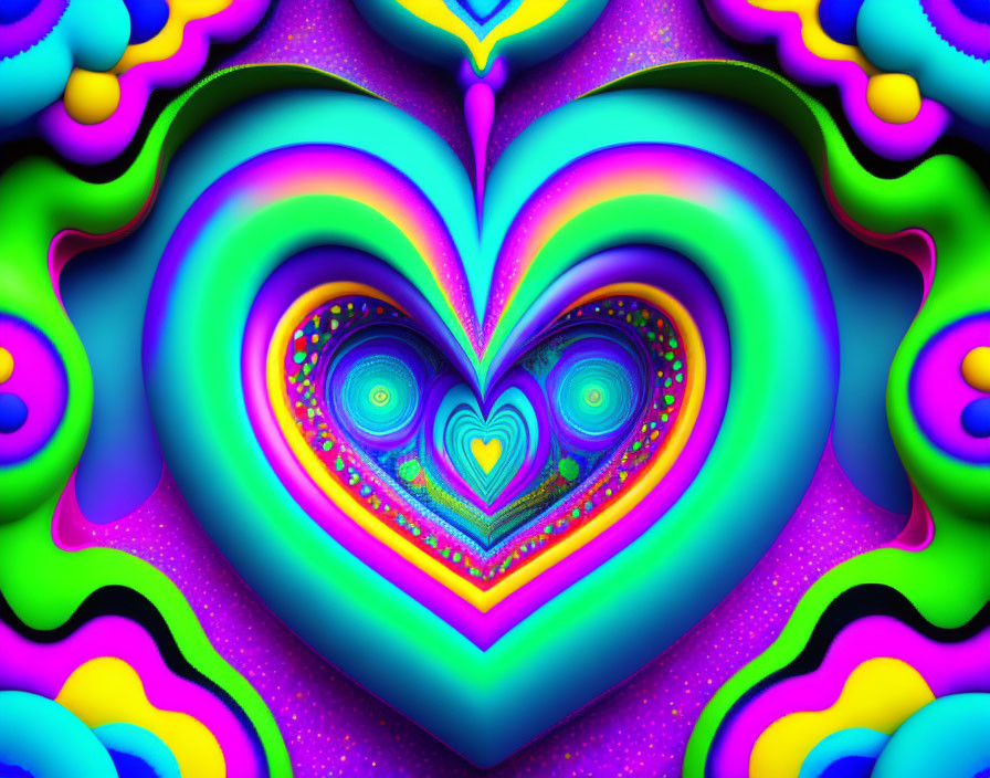 Colorful Fractal Art: Layered Heart Shapes in Blues, Greens, Purples, and