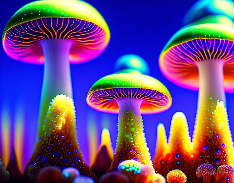 Colorful Neon Mushrooms on Dark Blue Background