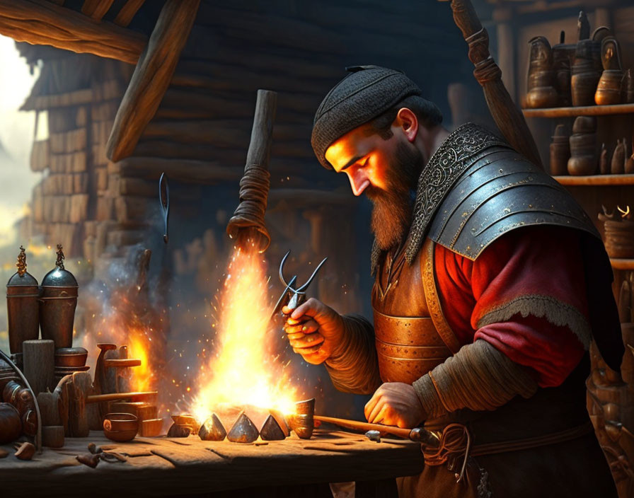 Bearded Blacksmith at Forge with Hot Metal and Tools