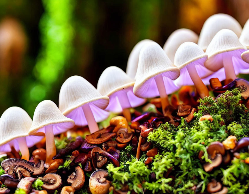 Translucent white mushrooms with purple gills in mossy forest scene
