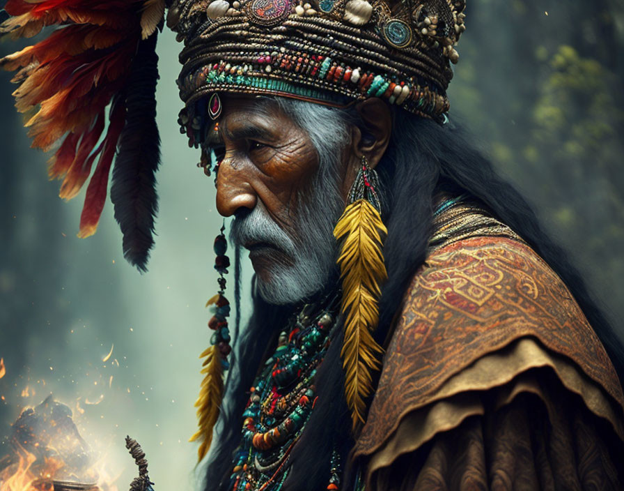 Elder in feathered headdress and beaded jewelry by fire symbolizing tradition.