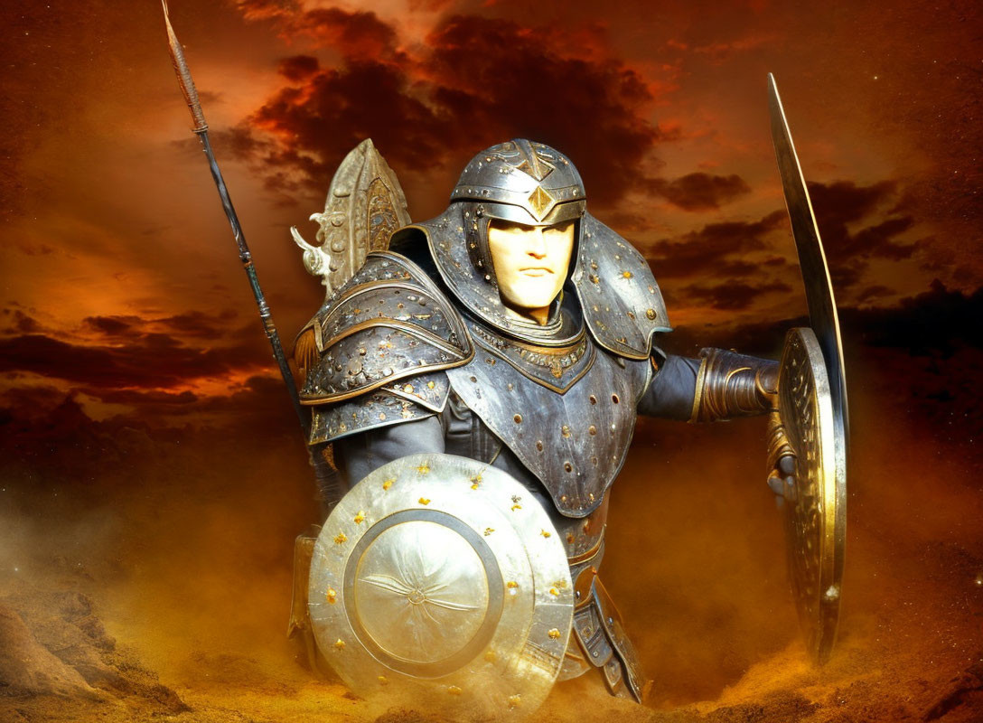 Ornate armored knight with lance and shield against dramatic orange sky