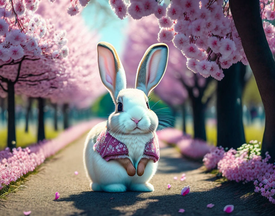 Adorable rabbit in vest surrounded by cherry blossoms