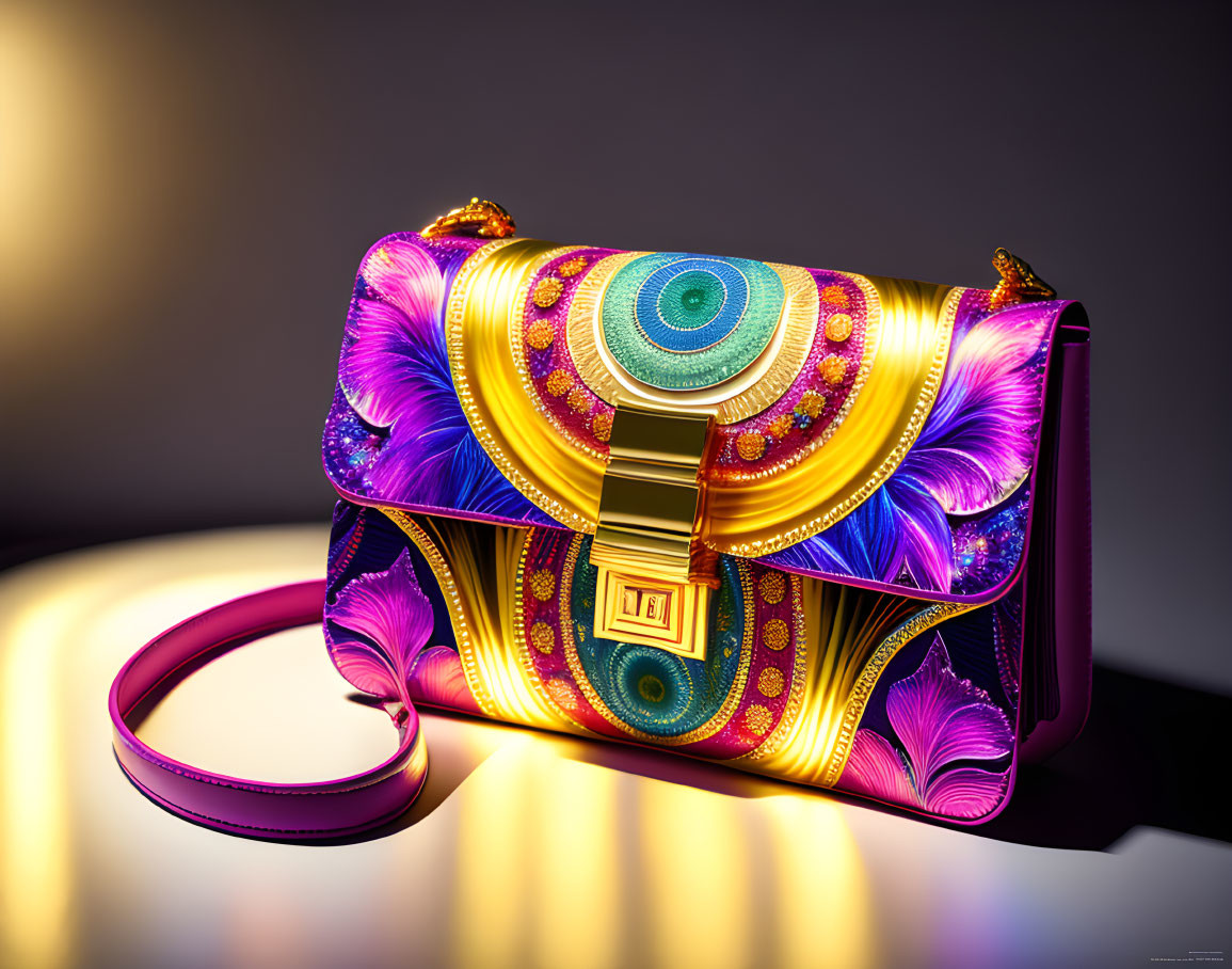 Colorful Purple and Gold Shoulder Bag with Circular Multicolored Design