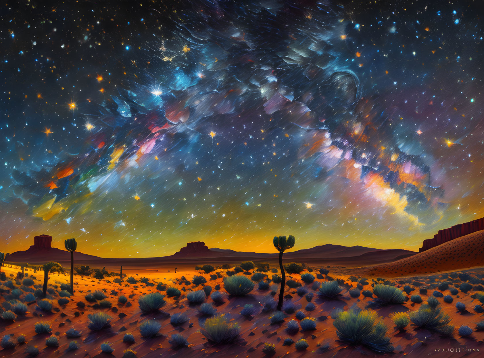 Stunning twilight desert landscape with star-filled sky