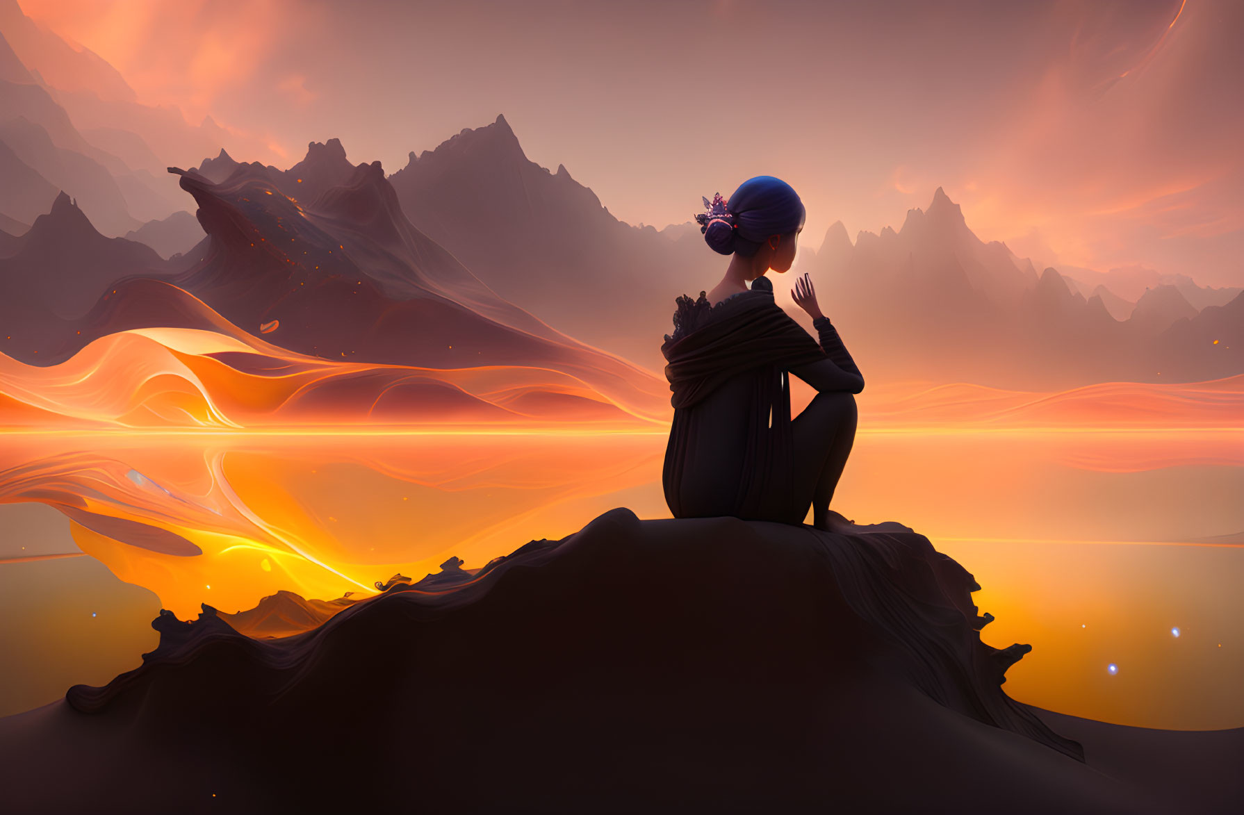 Person sitting on rock gazes at surreal landscape with orange waves and jagged mountains under amber sky