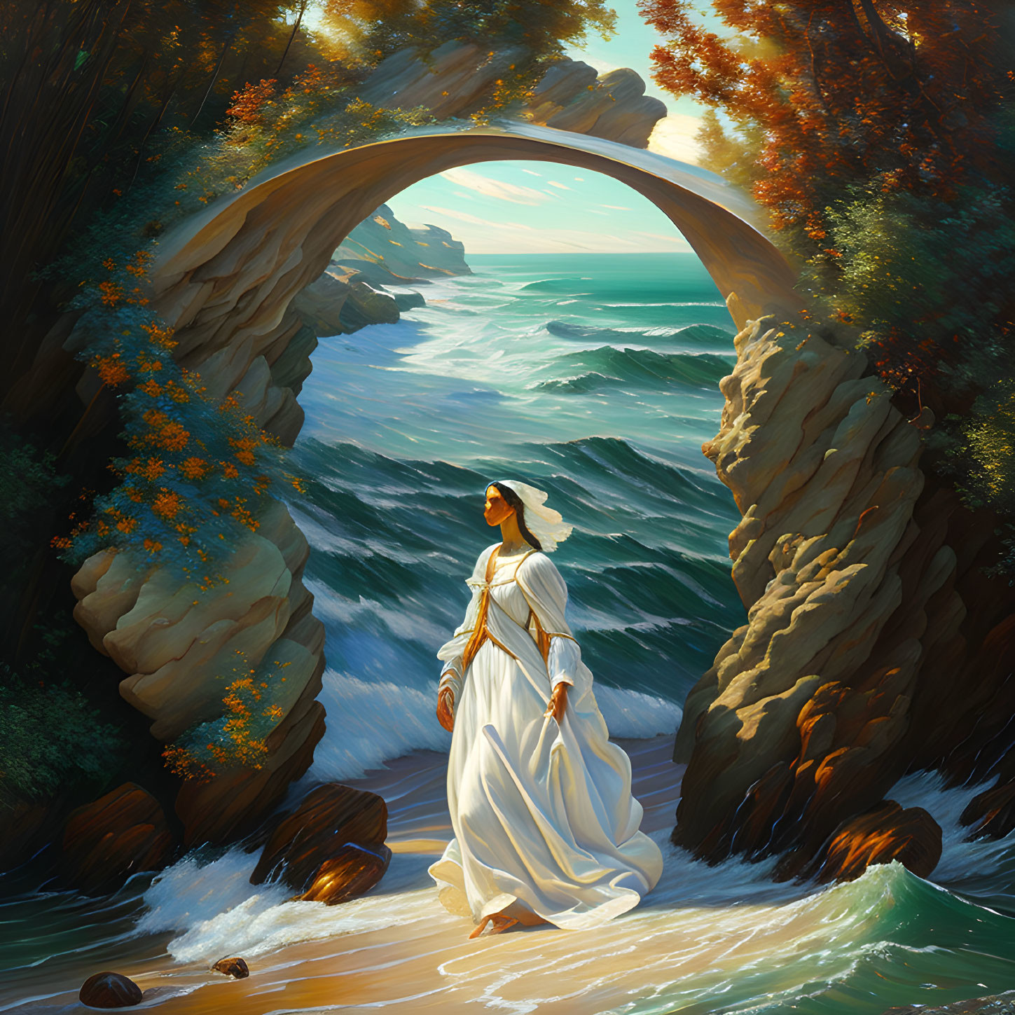 Woman in white dress under stone arch by the sea in sunlight.