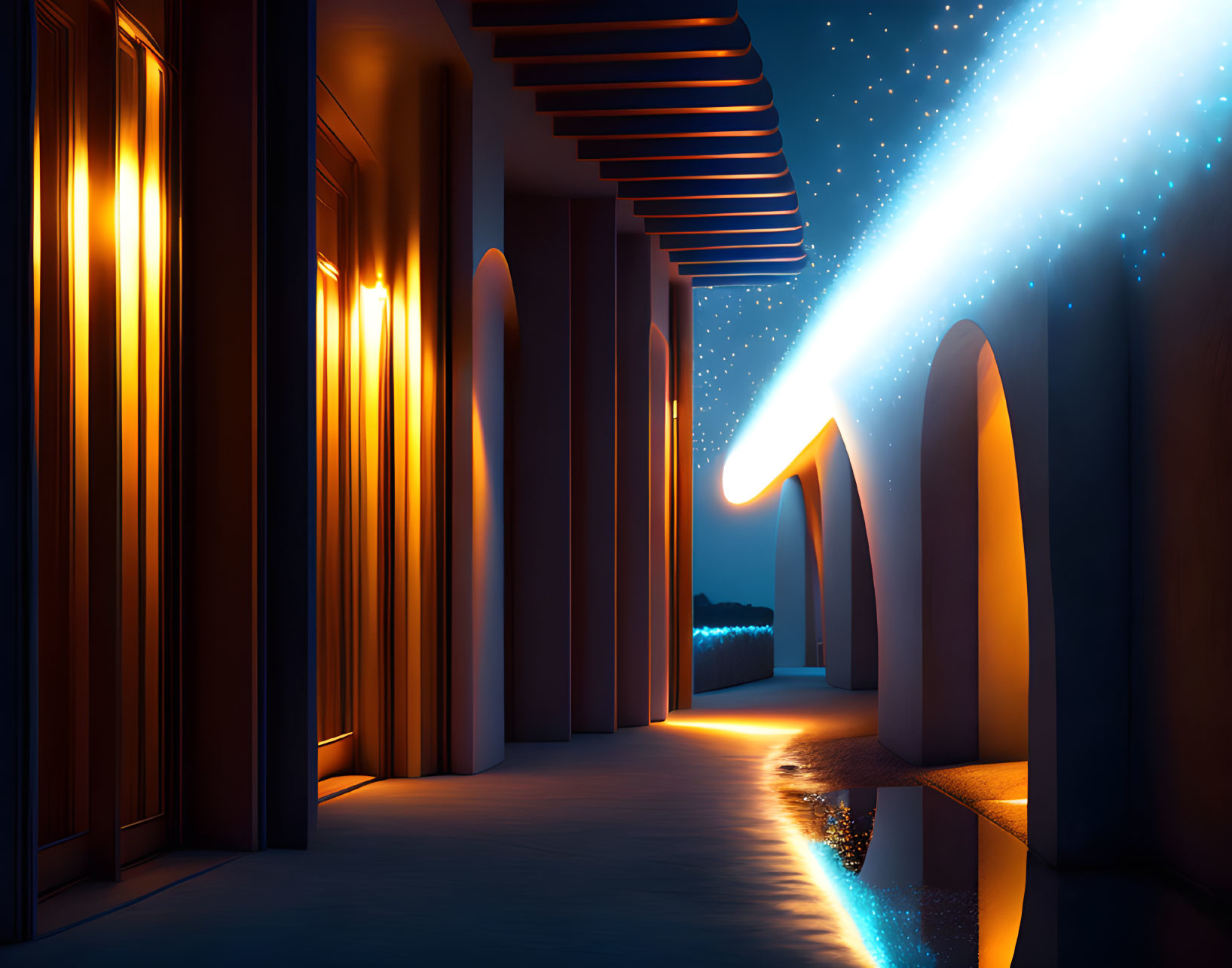 Archways in illuminated corridor under night sky with shooting star.