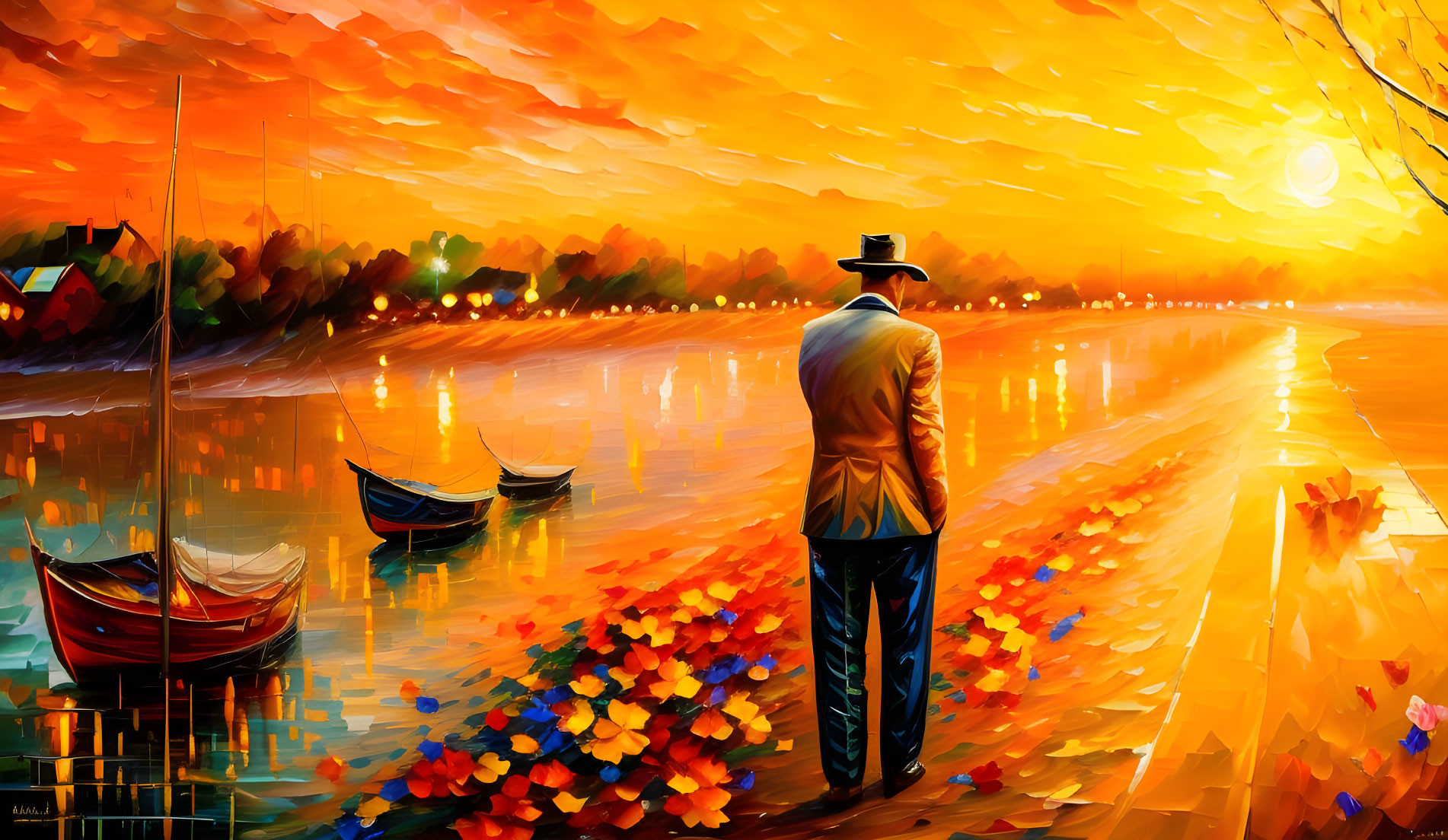 Person in hat by riverbank at sunset with vibrant skies and colorful flowers