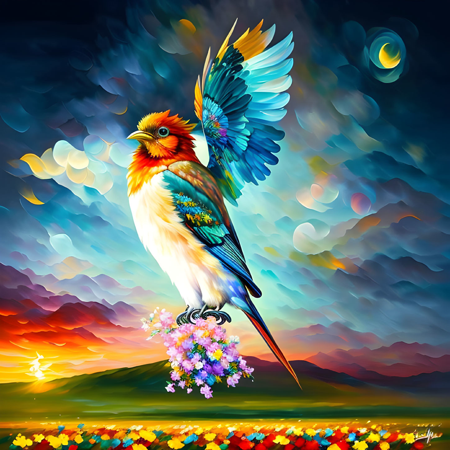 Colorful Fantastical Bird Perched on Flower Bouquet