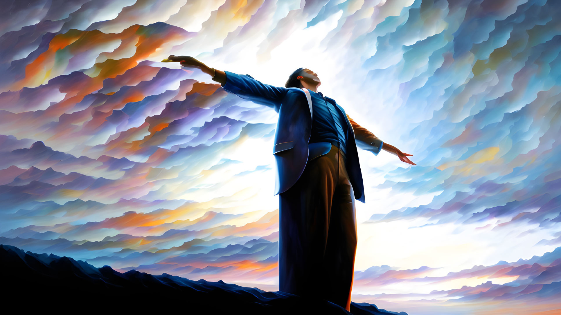 Person with outstretched arms under vibrant, stylized sky