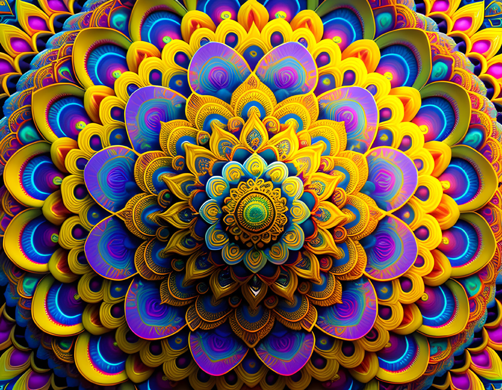 Colorful fractal image with symmetrical flower-like design in blue, yellow, purple, and orange