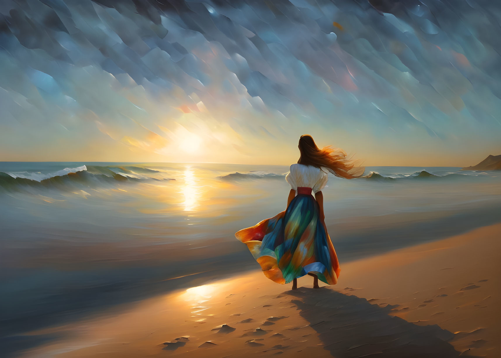 Woman in Colorful Skirt Walking on Beach at Sunset