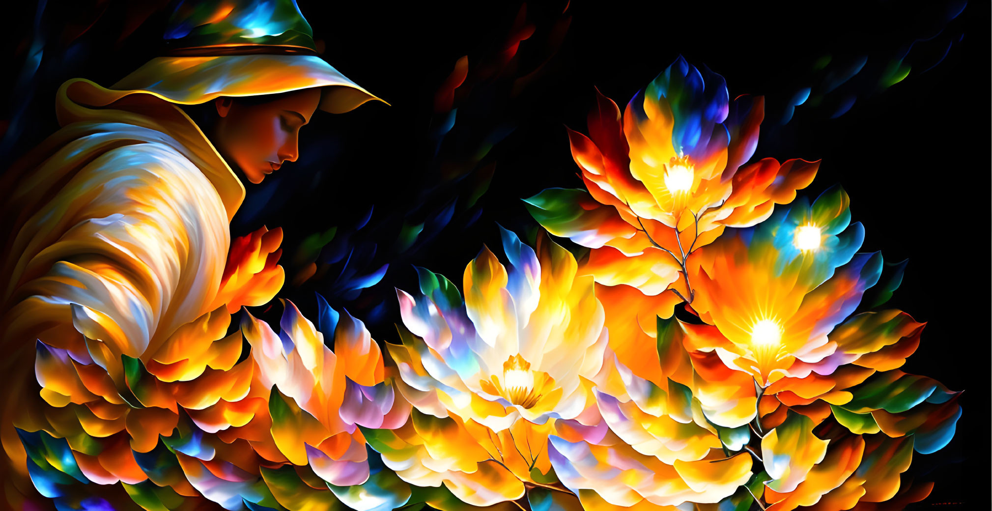 Colorful artwork of person in hat with fiery flower-like design on dark backdrop